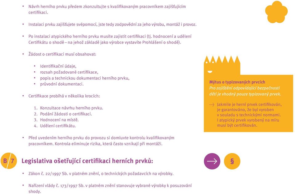 Žádost o certifikaci musí obsahovat: Identifikační údaje, rozsah požadované certifikace, popis a technickou dokumentaci herního prvku, průvodní dokumentaci. Certifikace probíhá v několika krocích: 1.
