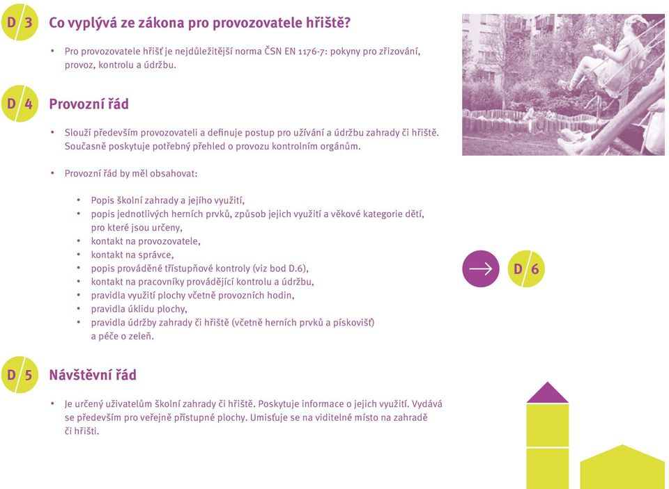 Provozní řád by měl obsahovat: Popis školní zahrady a jejího využití, popis jednotlivých herních prvků, způsob jejich využití a věkové kategorie dětí, pro které jsou určeny, kontakt na provozovatele,