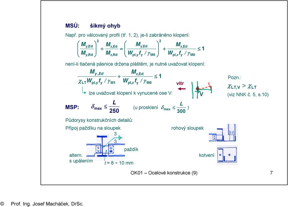 1, 2), je-li zabráněno klopení: M M y,ed y,rd 2 + M M z,ed z,rd = W paždík t 8 10 mm M pl,y f y,ed y 2 M z,ed + / γ M0 Wpl,zfy / γ M0 1 není-li