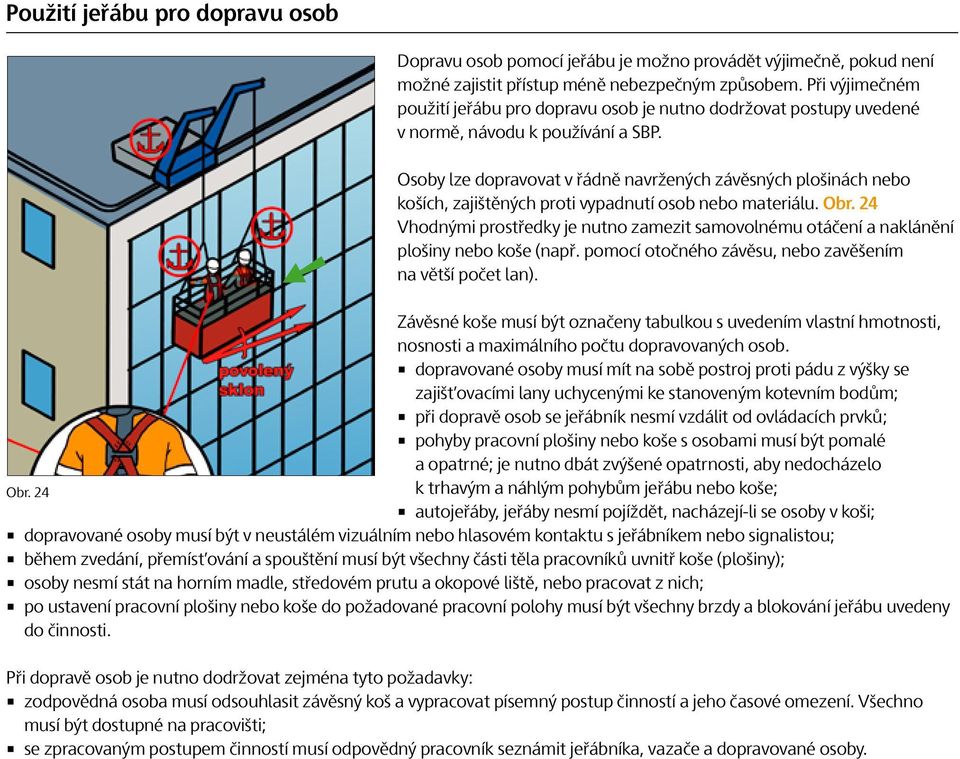 Osoby lze dopravovat v řádně navržených závěsných plošinách nebo koších, zajištěných proti vypadnutí osob nebo materiálu. Obr.