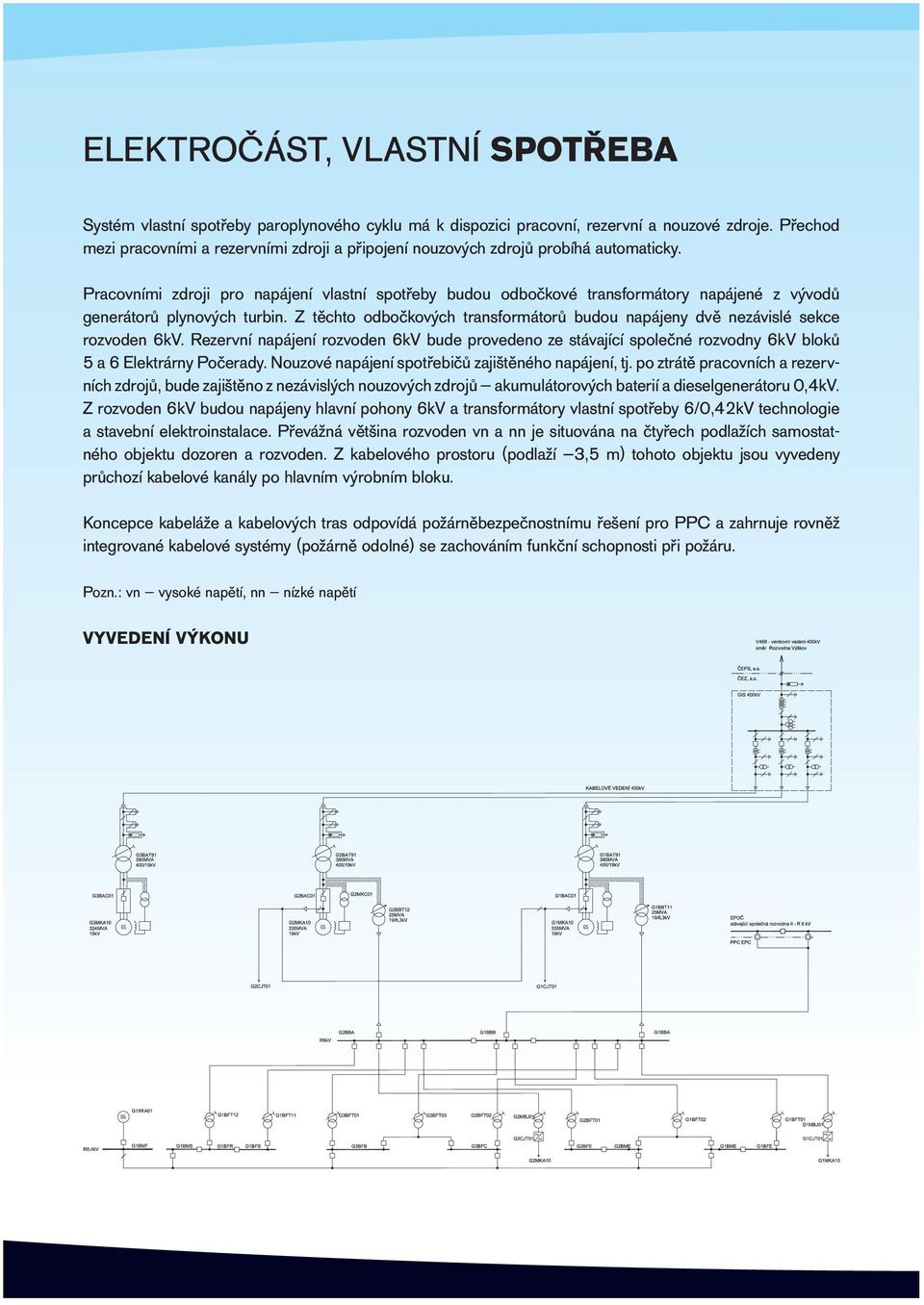 Pracovními zdroji pro napájení vlastní spotřeby budou odbočkové transformátory napájené z vývodů generátorů plynových turbin.