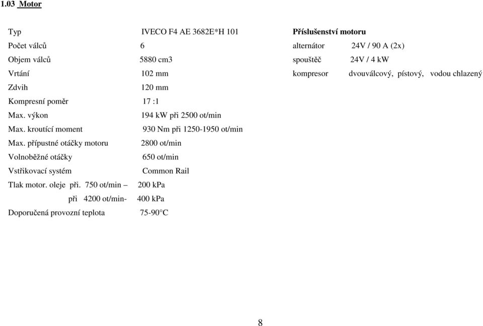 výkon 194 kw při 2500 ot/min Max. kroutící moment 930 Nm při 1250-1950 ot/min Max.