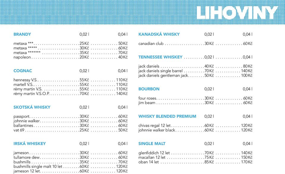 S..................55 Kč............ 110 Kč rémy martin V.S.O.P...............70 Kč............ 140 Kč SKOTSKÁ WHISKY 0,02 l 0,04 l passport........................30 Kč............. 60 Kč johnnie walker.