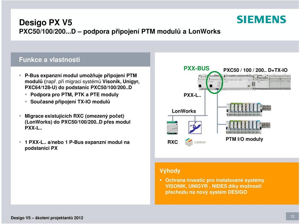 .D Podpora pro PTM, PTK a PTE moduly Současné připojení TX-IO modulů Migrace existujících RXC (omezený počet) (LonWorks) do PXC50/100/200..D přes modul PXX-L.