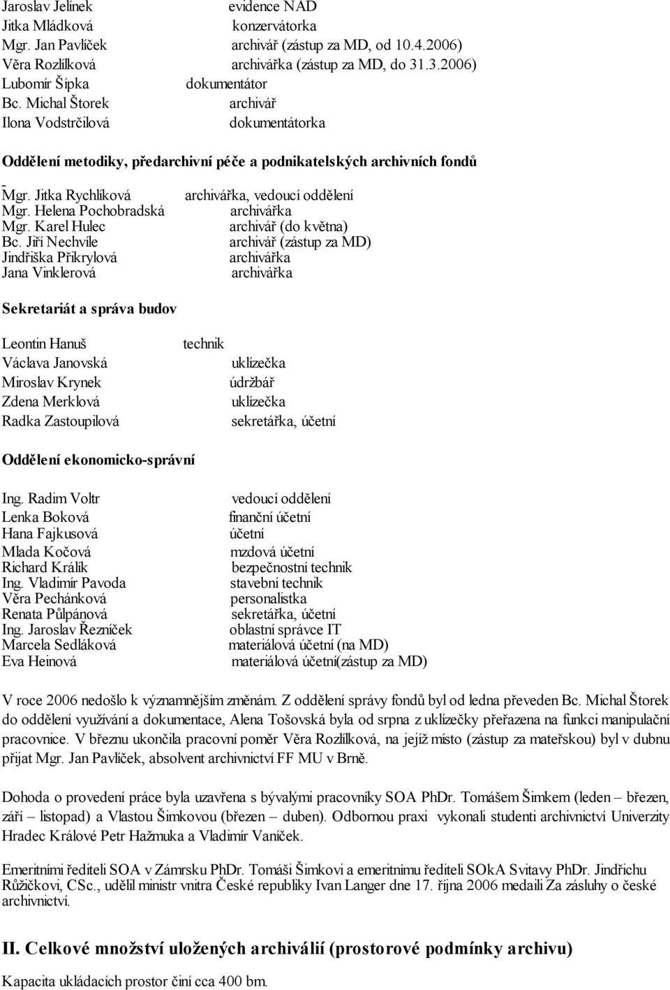 Jiří Nechvíle Jindřiška Přikrylová Jana Vinklerová archivářka, vedoucí oddělení archivářka archivář (do května) archivář (zástup za MD) archivářka archivářka Sekretariát a správa budov Leontin Hanuš