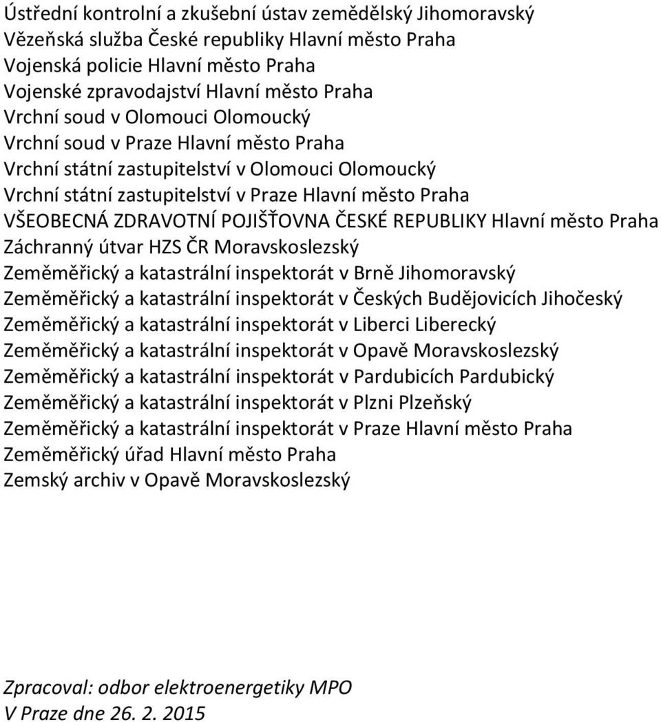 POJIŠŤOVNA ČESKÉ REPUBLIKY Hlavní město Praha Záchranný útvar HZS ČR Moravskoslezský Zeměměřický a katastrální inspektorát v Brně Jihomoravský Zeměměřický a katastrální inspektorát v Českých