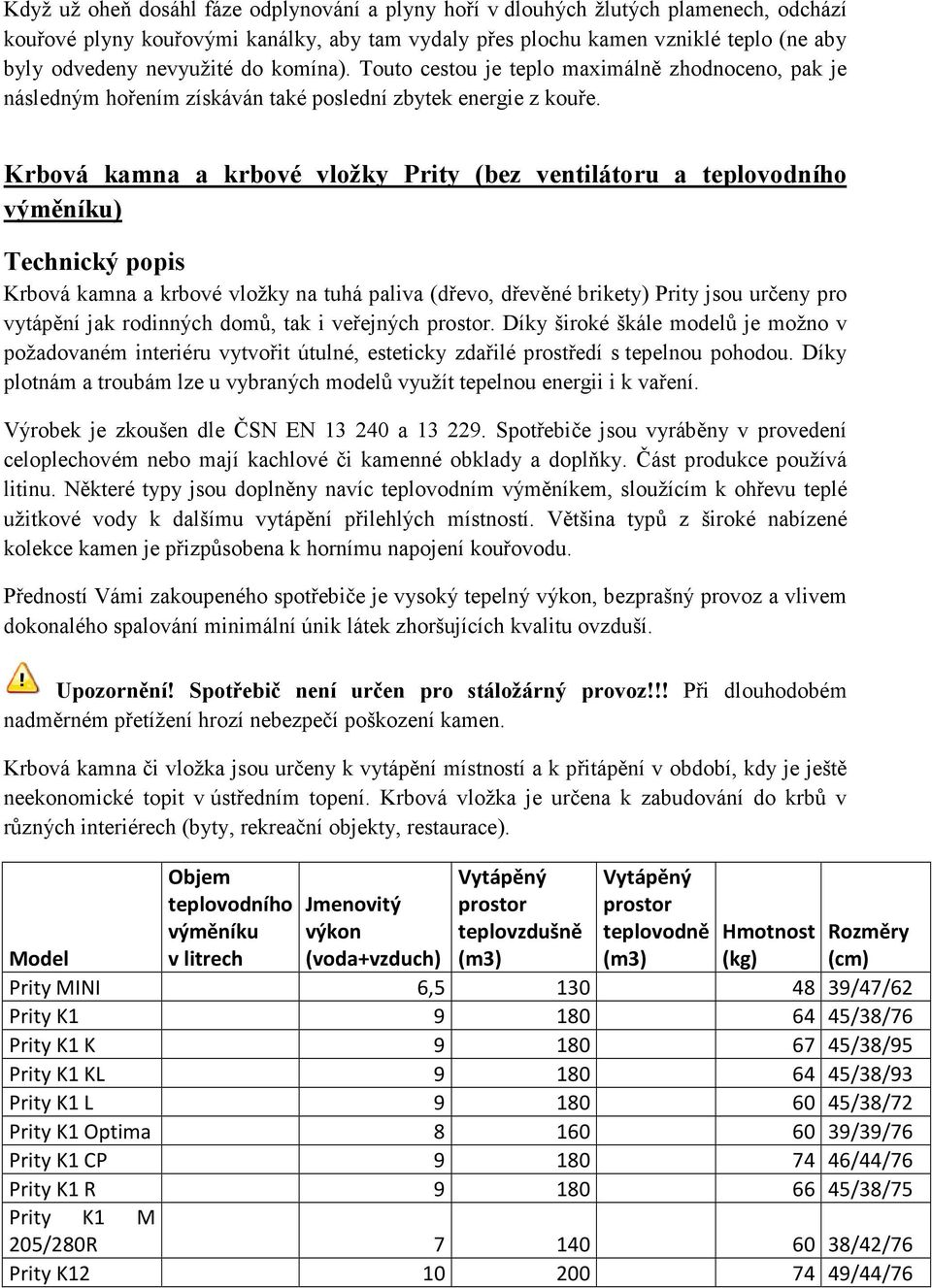 Krbová kamna a krbové vložky Prity (bez ventilátoru a teplovodního výměníku) Technický popis Krbová kamna a krbové vložky na tuhá paliva (dřevo, dřevěné brikety) Prity jsou určeny pro vytápění jak