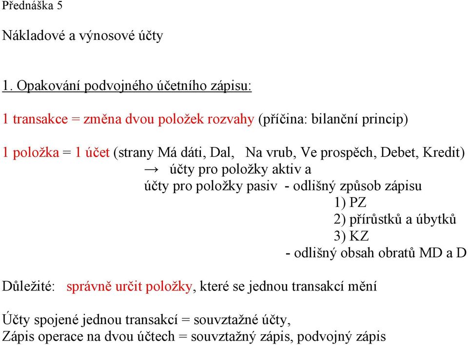 Má dáti, Dal, Na vrub, Ve prospěch, Debet, Kredit) účty pro položky aktiv a účty pro položky pasiv - odlišný způsob zápisu 1) PZ 2)