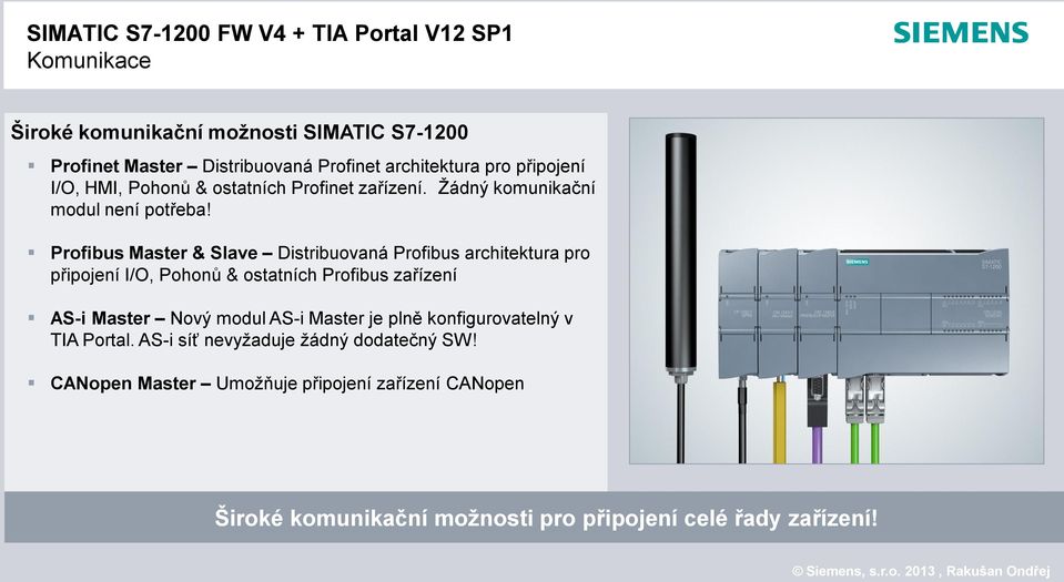 Profibus Master & Slave Distribuovaná Profibus architektura pro připojení I/O, Pohonů & ostatních Profibus zařízení AS-i Master Nový modul AS-i