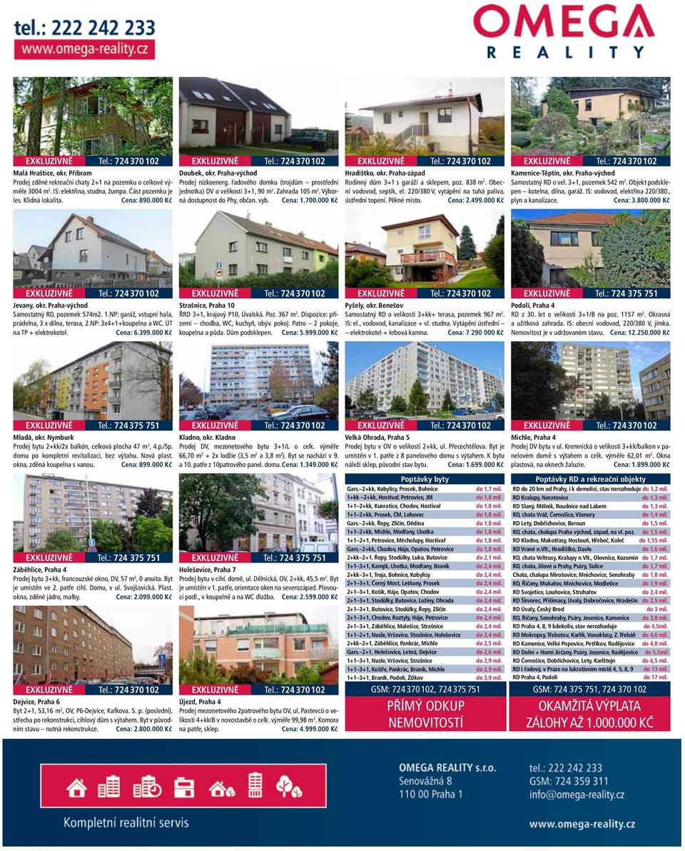 Výborná dostupnost do Phy, občan. vyb. Cena: 1.700.000 Kč EXKLUZIVNĚ Tel.: 724 370 102 Hradištko, okr. Praha -západ Rodinný dům 3+1 s garáží a sklepem, poz. 838 m 2. Obecní vodovod, septik, el.