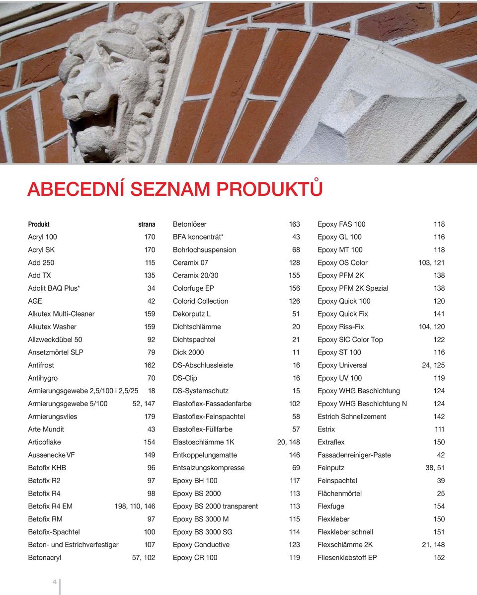 Betofix R4 98 Betofix R4 EM 198, 110, 146 Betofix RM 97 Betofix-Spachtel 100 Beton- und Estrichverfestiger 107 Betonacryl 57, 102 Betonlöser 163 BFA koncentrát* 43 Bohrlochsuspension 68 Ceramix 07