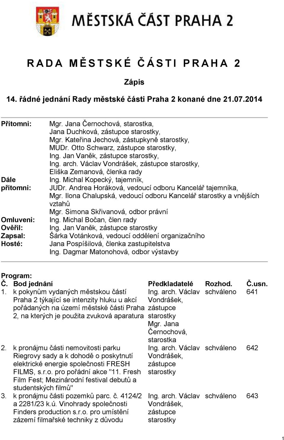 Václav Vondrášek, zástupce starostky, Eliška Zemanová, členka rady Ing. Michal Kopecký, tajemník, JUDr. Andrea Horáková, vedoucí odboru Kancelář tajemníka, Mgr.