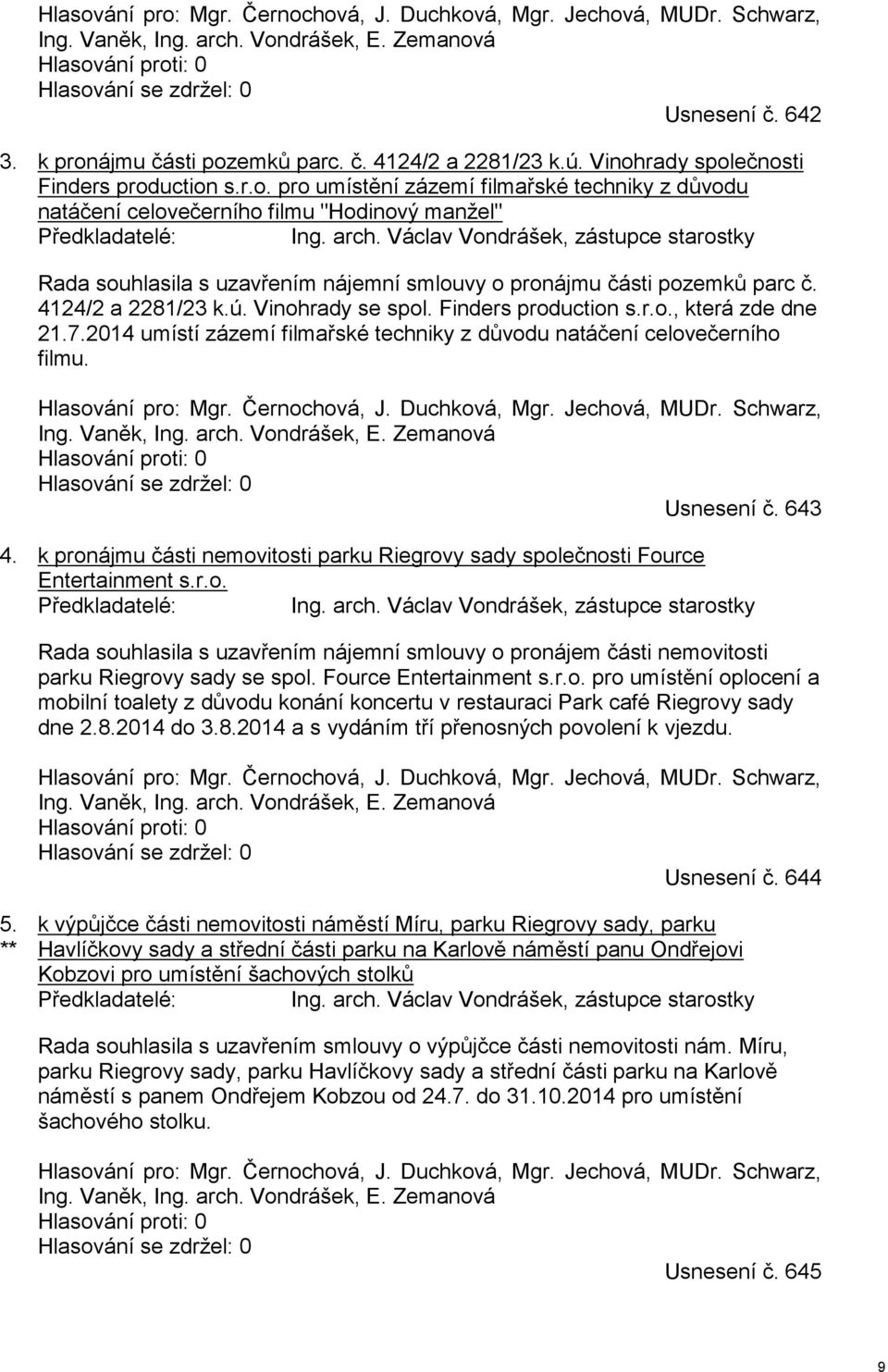 arch. Václav Vondrášek, zástupce starostky Rada souhlasila s uzavřením nájemní smlouvy o pronájmu části pozemků parc č. 4124/2 a 2281/23 k.ú. Vinohrady se spol. Finders production s.r.o., která zde dne 21.