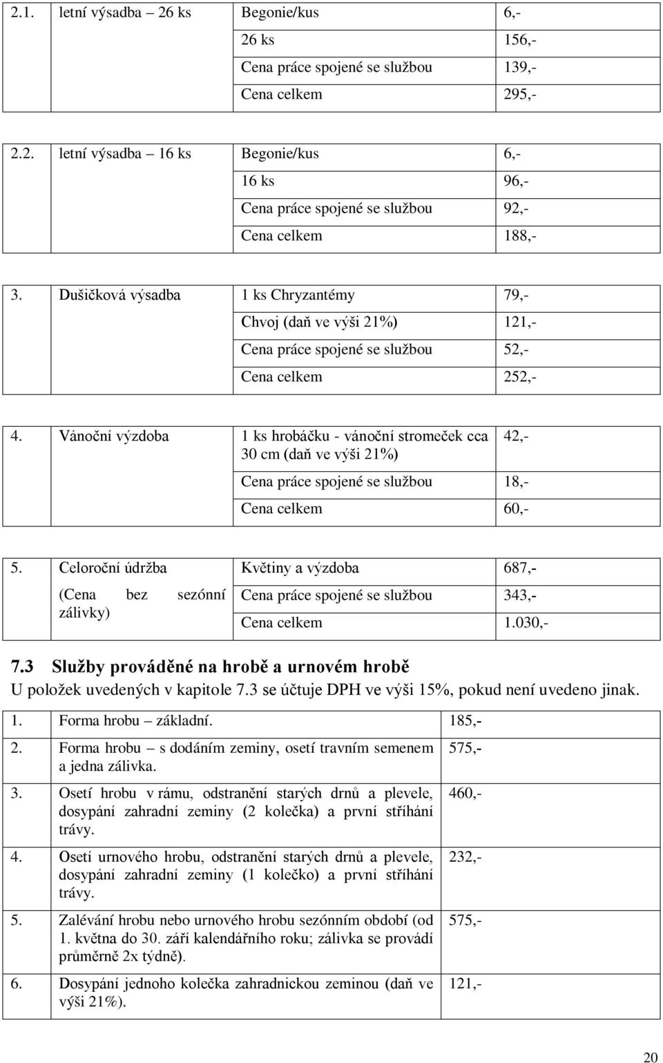 Vánoční výzdoba 1 ks hrobáčku - vánoční stromeček cca 30 cm (daň ve výši 21%) 42,- Cena práce spojené se službou 18,- Cena celkem 60,- 5.