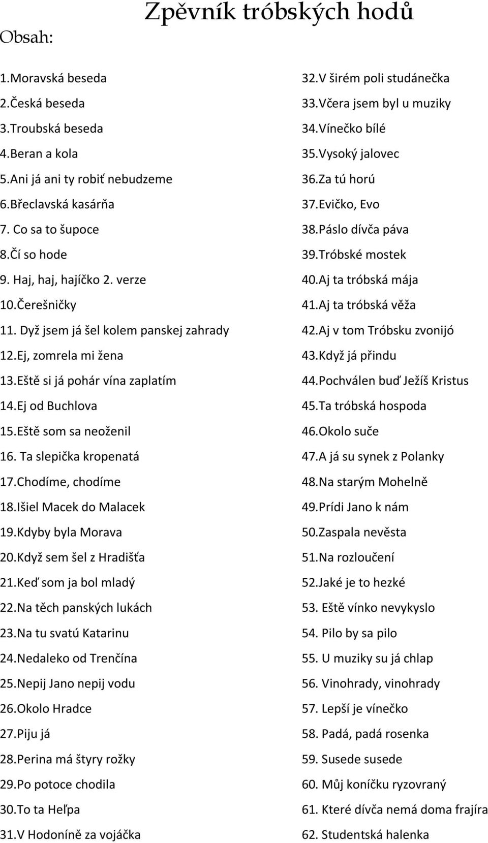 Ta slepička kropenatá 17.Chodíme, chodíme 18.Išiel Macek do Malacek 19.Kdyby byla Morava 20.Když sem šel z Hradišťa 21.Keď som ja bol mladý 22.Na těch panských lukách 23.Na tu svatú Katarinu 24.