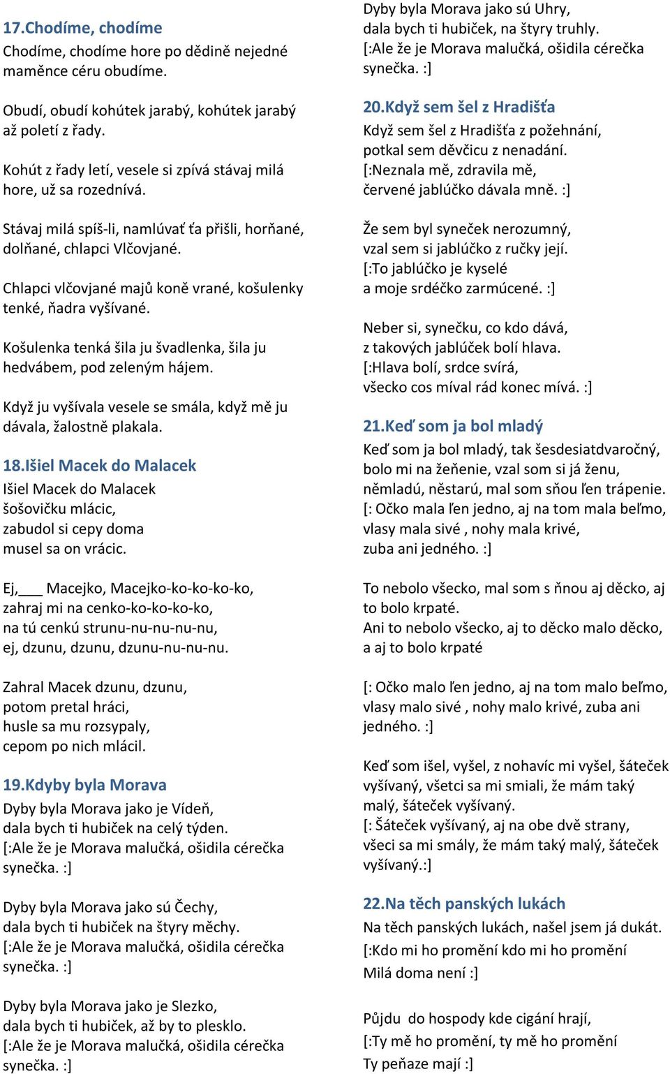 Chlapci vlčovjané majů koně vrané, košulenky tenké, ňadra vyšívané. Košulenka tenká šila ju švadlenka, šila ju hedvábem, pod zeleným hájem.