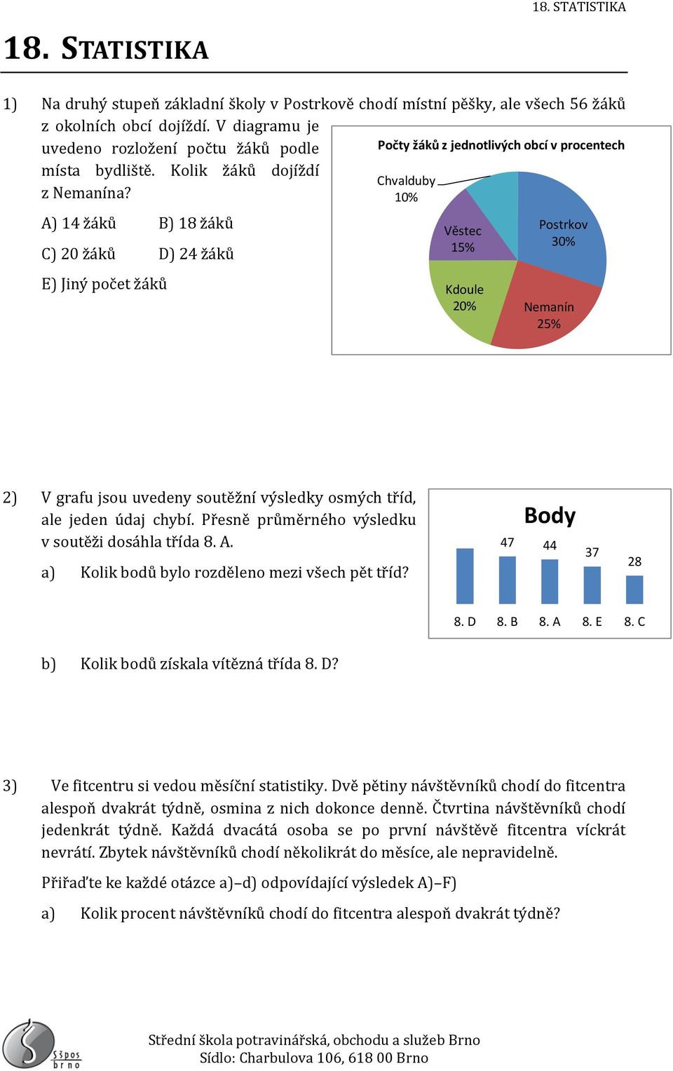 1% A) 14 žáků B) 18 žáků C) 2 žáků D) 24 žáků E) Jiný počet žáků Věstec 15% Kdoule 2% Postrkov 3% Nemanín 25% 2) V grafu jsou uvedeny soutěžní výsledky osmých tříd, ale jeden údaj chybí.