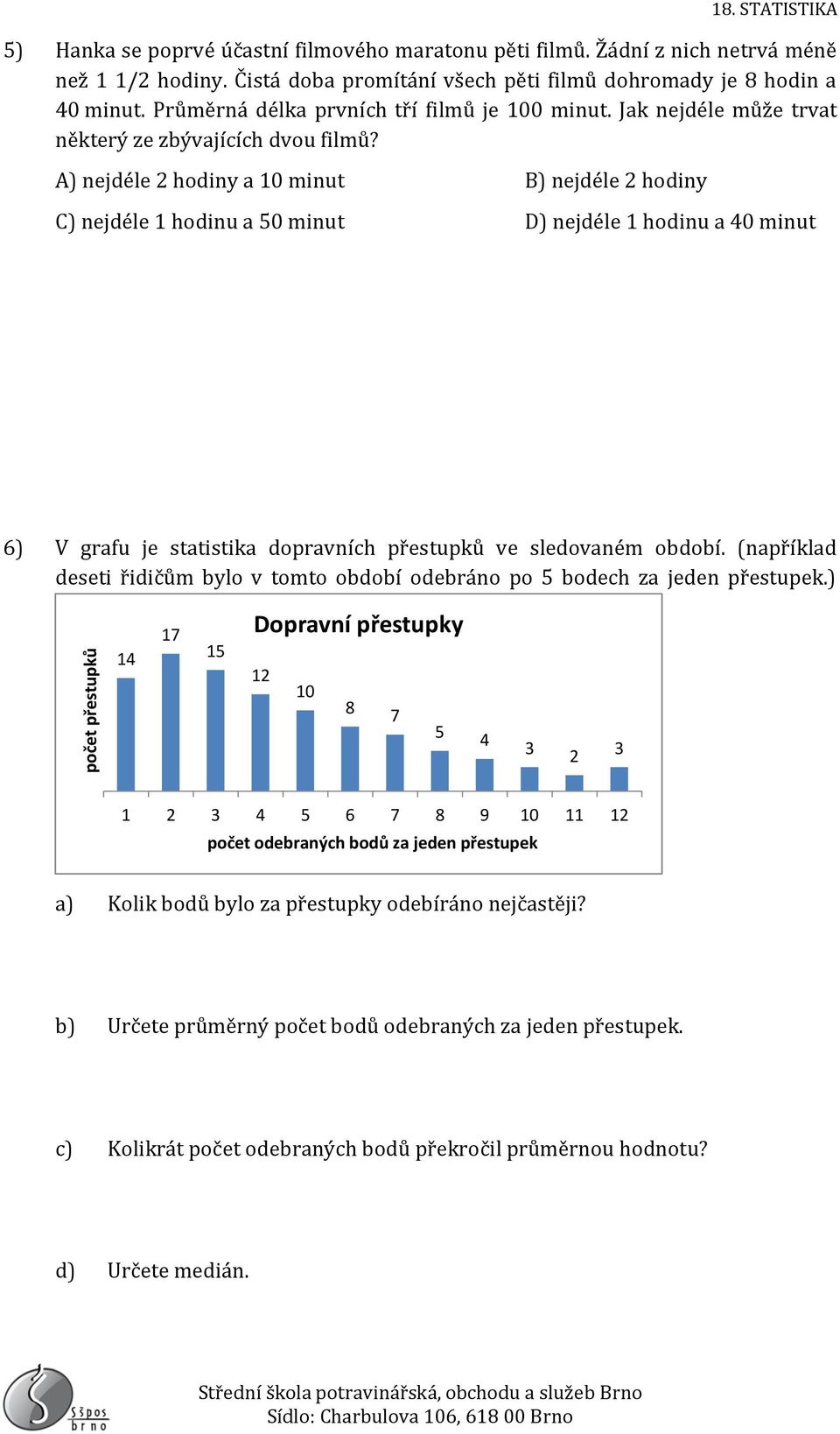 A) nejdéle 2 hodiny a 1 minut B) nejdéle 2 hodiny C) nejdéle 1 hodinu a 5 minut D) nejdéle 1 hodinu a 4 minut 6) V grafu je statistika dopravních přestupků ve sledovaném období.