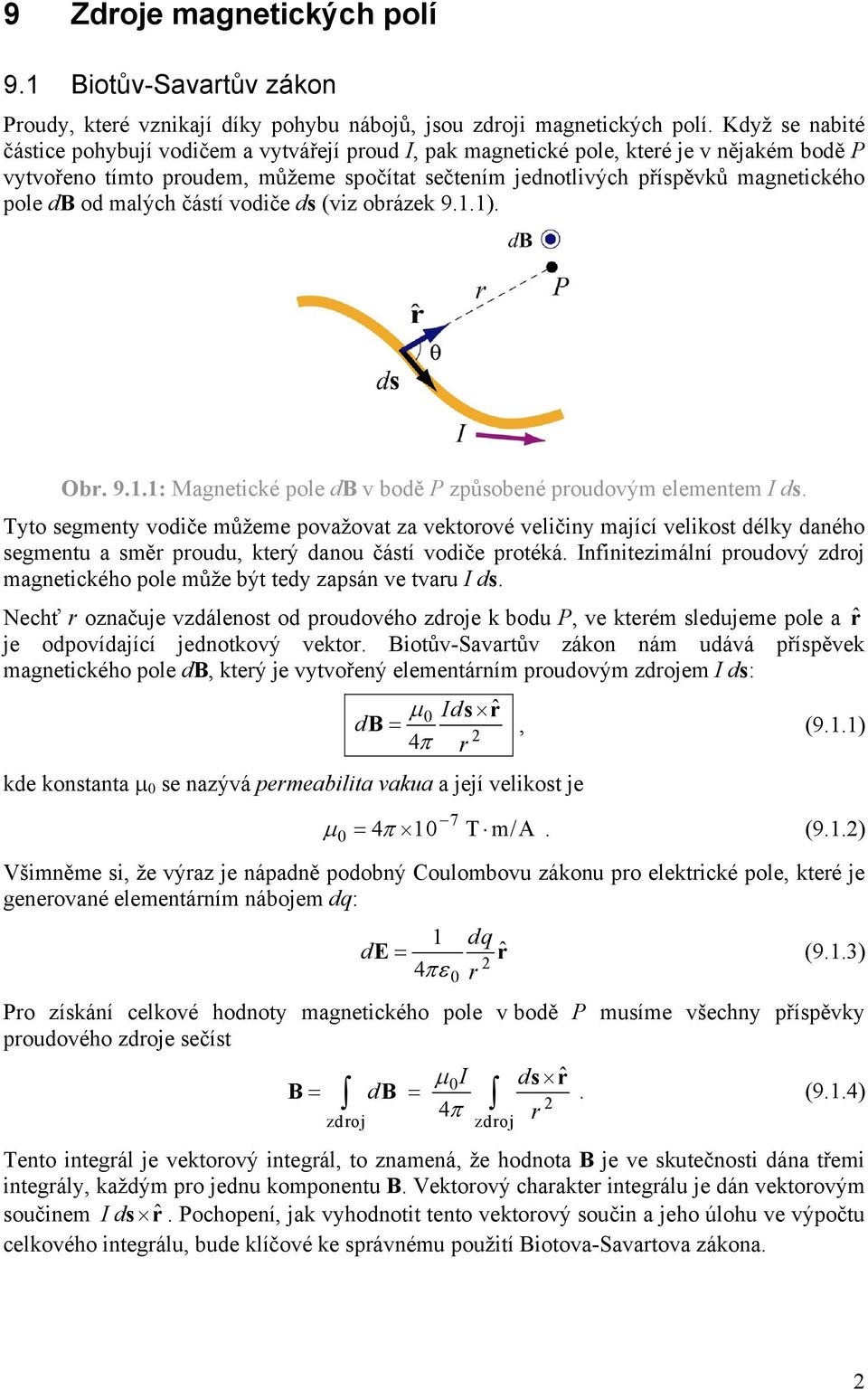 od malých částí vodiče ds (viz obázek 9.1.1). Ob. 9.1.1: Magnetické pole d v bodě P způsobené poudovým elementem I ds.