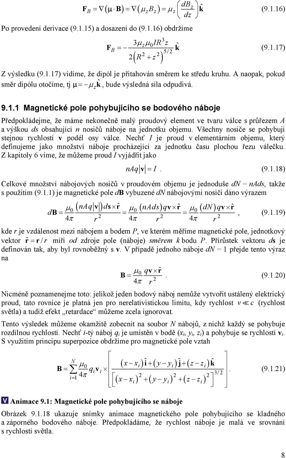 1 Magnetické pole pohybujícího se bodového náboje Předpokládejme, že máme nekonečně malý poudový element ve tvau válce s půřezem A a výškou ds obsahující n nosičů náboje na jednotku objemu.