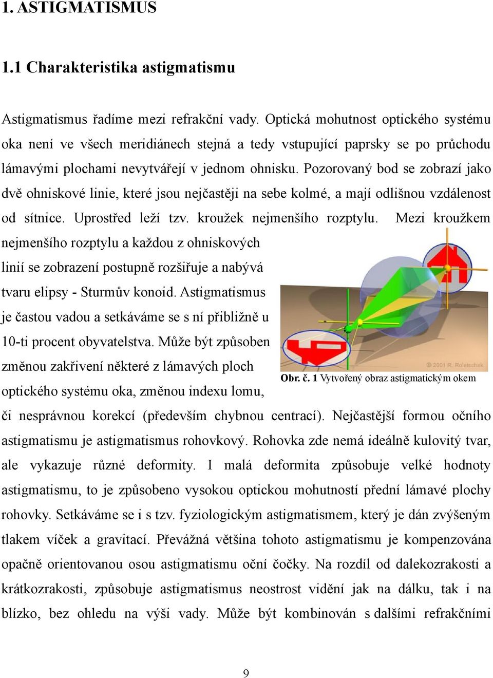 Pozorovaný bod se zobrazí jako dvě ohniskové linie, které jsou nejčastěji na sebe kolmé, a mají odlišnou vzdálenost od sítnice. Uprostřed leží tzv. kroužek nejmenšího rozptylu.