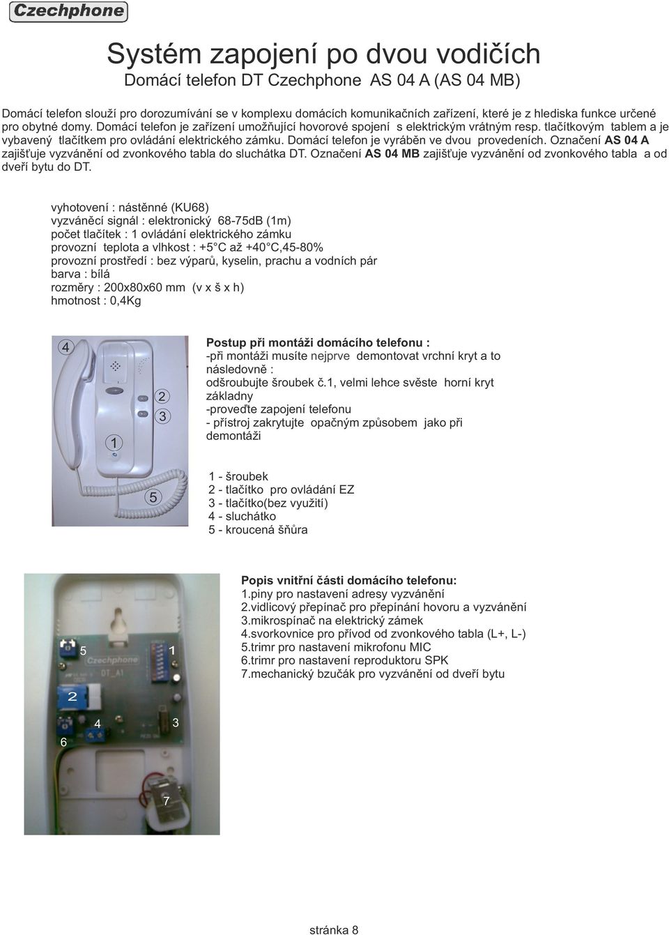 Označení AS A zajišťuje vyzvánění od zvonkového tabla do sluchátka DT. Označení AS MB zajišťuje vyzvánění od zvonkového tabla a od dveří bytu do DT.