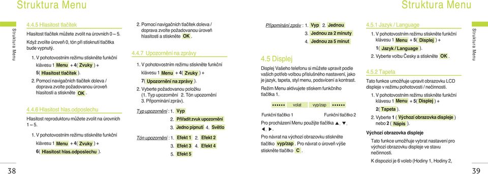 klávesu 1 Menu + 4( Zvuky ) + 6( Hlasitost hlas.odposlechu ). 2. Pomocí navigaãních tlaãítek doleva / doprava zvolte poïadovanou úroveà hlasitosti a stisknûte OK. 4.4.7 Upozornûní na zprávy klávesu 1 Menu + 4( Zvuky ) + 7( Upozornûní na zprávy ).