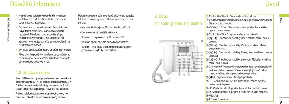 Pokud telefon po zapnutí nefunguje, obraète se neprodlenû na autorizovan servis. Vyhnûte se nárazûm nebo úderûm na telefon. Pfied prvním pouïitím telefonu doporuãujeme nabít záloïní baterii.