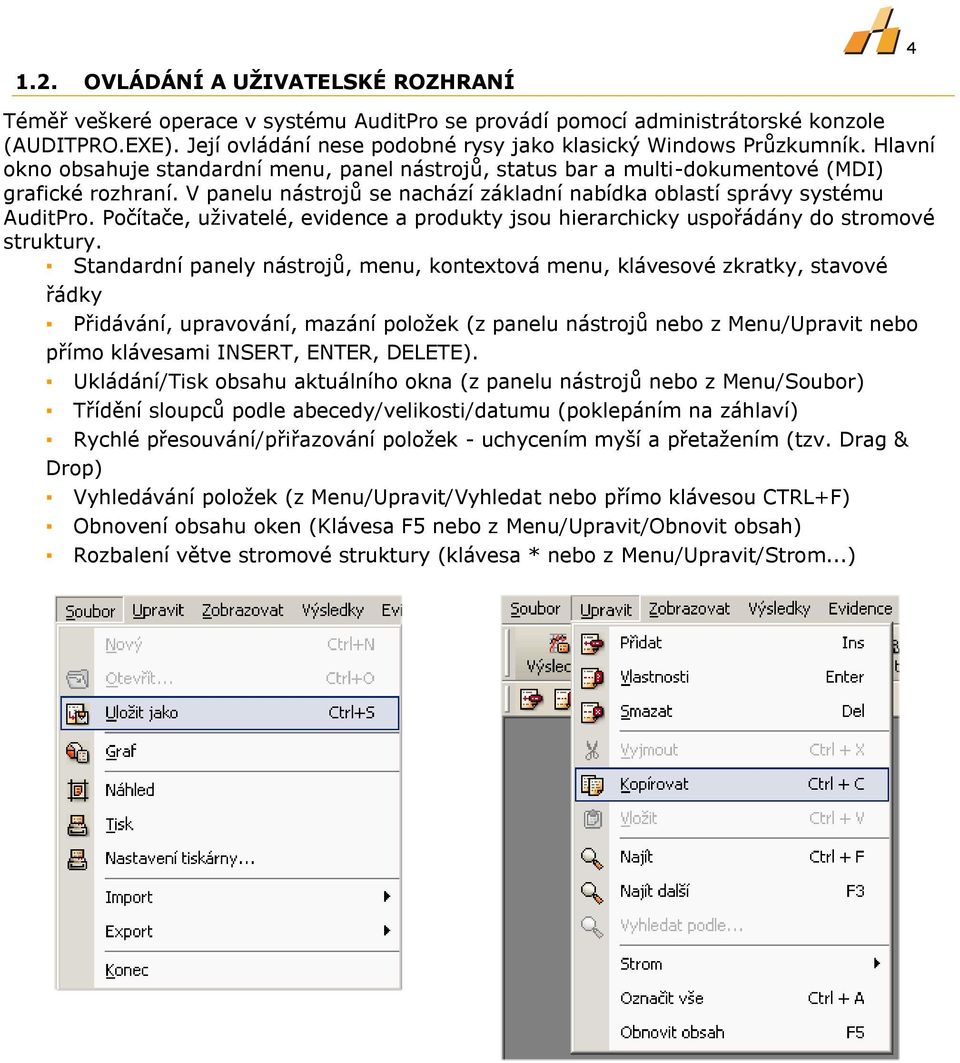 V panelu nástrojů se nachází základní nabídka oblastí správy systému AuditPro. Počítače, uživatelé, evidence a produkty jsou hierarchicky uspořádány do stromové struktury.