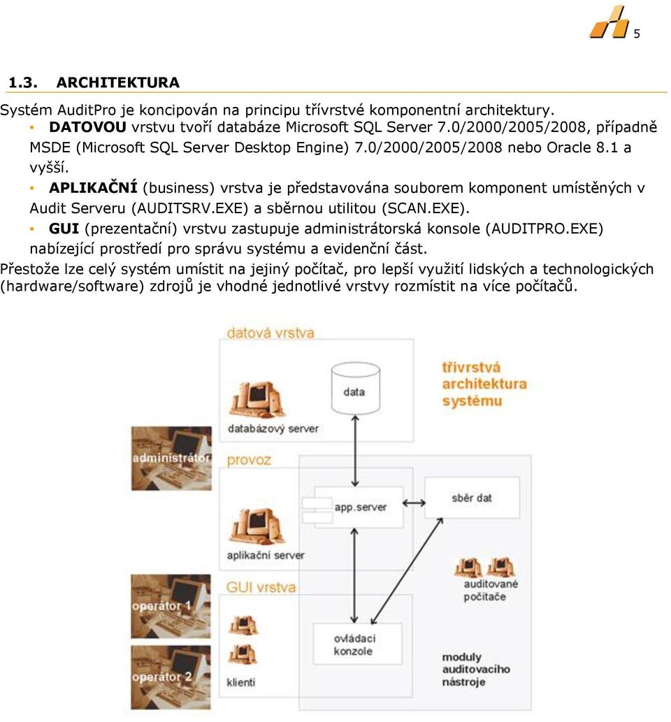 APLIKAČNÍ (business) vrstva je představována souborem komponent umístěných v Audit Serveru (AUDITSRV.EXE) a sběrnou utilitou (SCAN.EXE). GUI (prezentační) vrstvu zastupuje administrátorská konsole (AUDITPRO.
