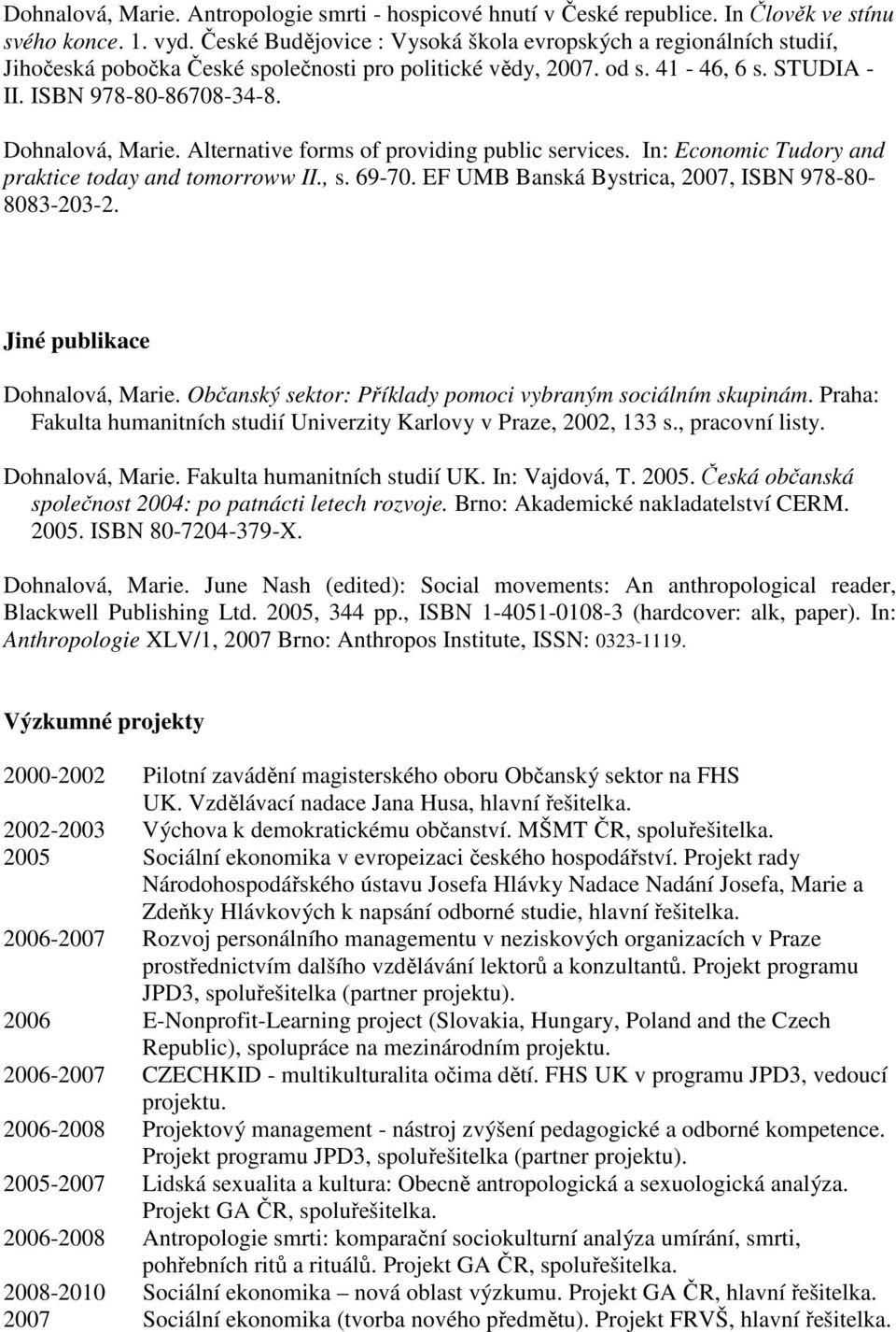 Alternative forms of providing public services. In: Economic Tudory and praktice today and tomorroww II., s. 69-70. EF UMB Banská Bystrica, 2007, ISBN 978-80- 8083-203-2.