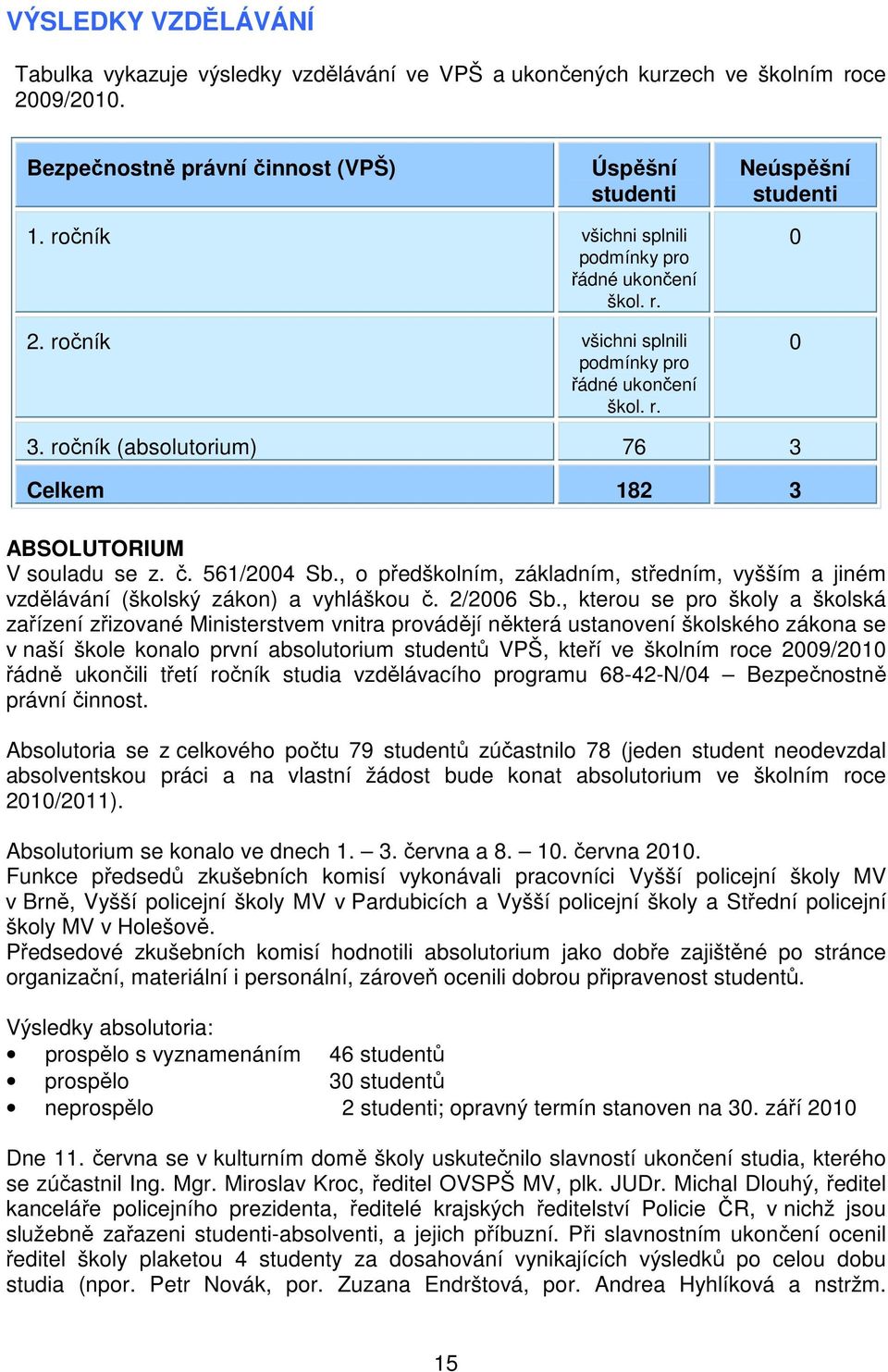 č. 561/2004 Sb., o předškolním, základním, středním, vyšším a jiném vzdělávání (školský zákon) a vyhláškou č. 2/2006 Sb.