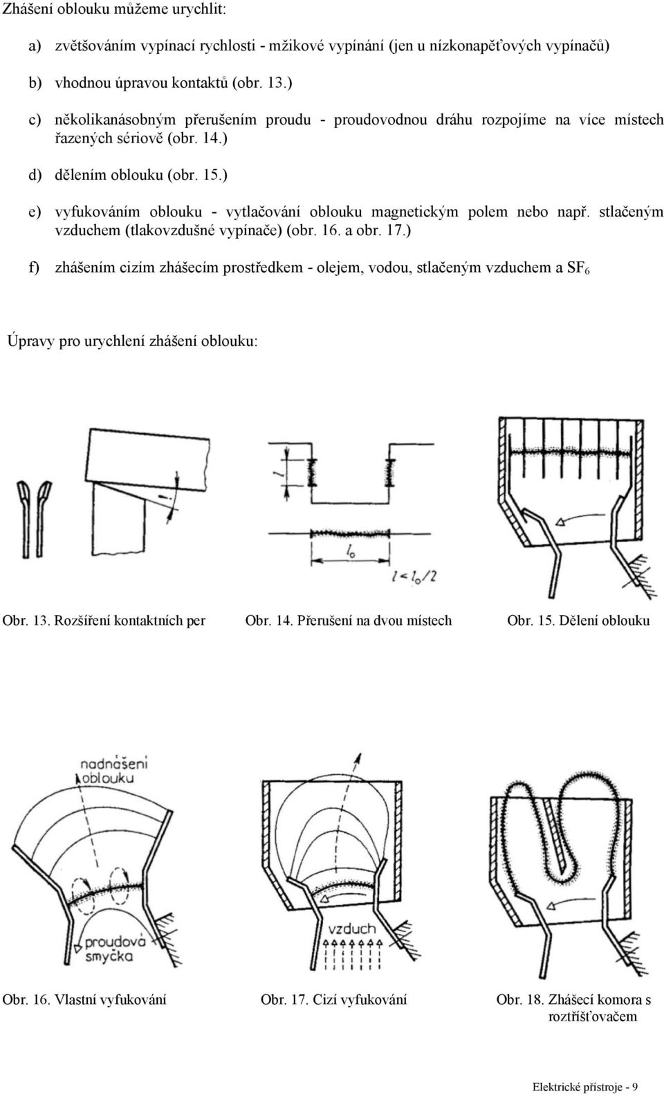 ) e) vyfukováním oblouku - vytlačování oblouku magnetickým polem nebo např. stlačeným vzduchem (tlakovzdušné vypínače) (obr. 16. a obr. 17.
