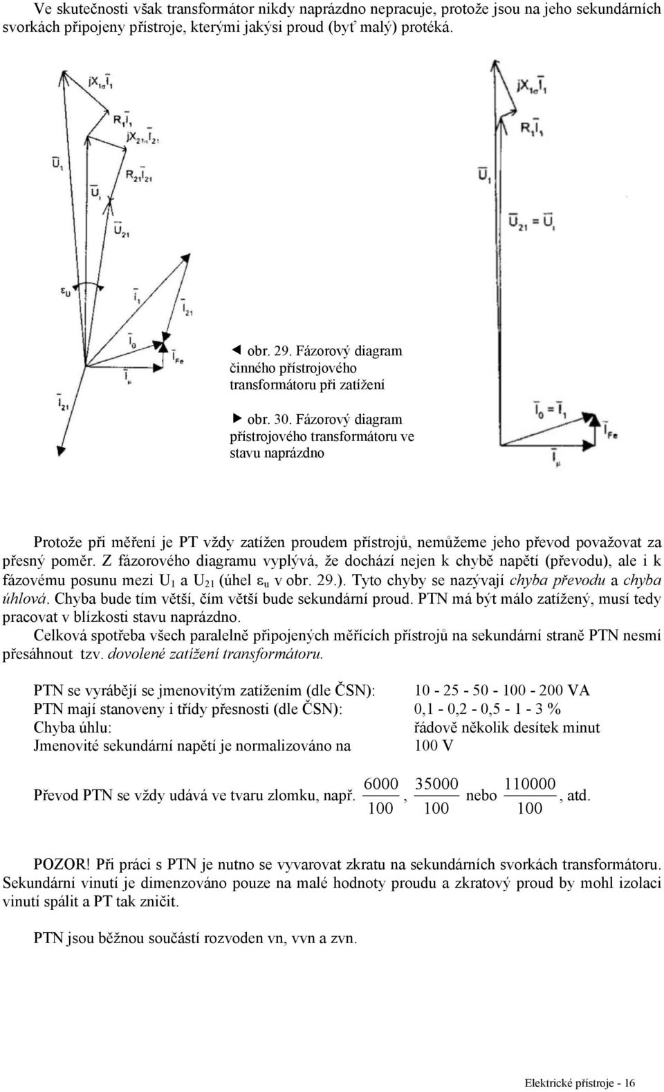 Fázorový diagram přístrojového transformátoru ve stavu naprázdno Protože při měření je PT vždy zatížen proudem přístrojů, nemůžeme jeho převod považovat za přesný poměr.