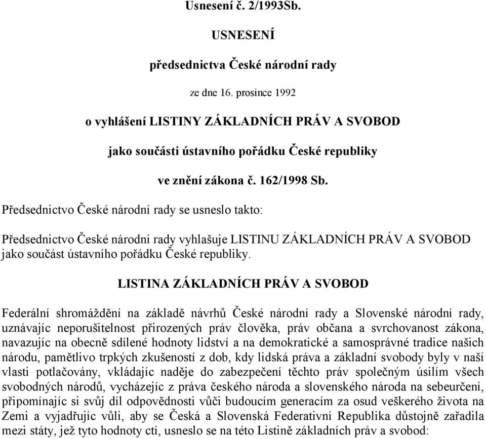 LISTINA ZÁKLADNÍCH PRÁV A SVOBOD Federální shromáždění na základě návrhů České národní rady a Slovenské národní rady, uznávajíc neporušitelnost přirozených práv člověka, práv občana a svrchovanost