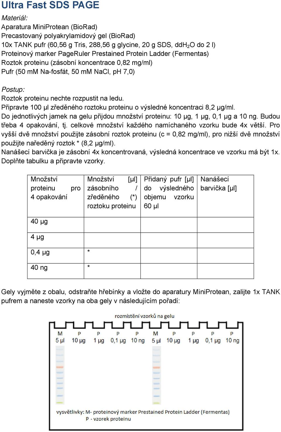 Připravte 100 μl zředěného roztoku proteinu o výsledné koncentraci 8,2 μg/ml. Do jednotlivých jamek na gelu přijdou množství proteinu: 10 μg, 1 μg, 0,1 μg a 10 ng. Budou třeba 4 opakování, tj.