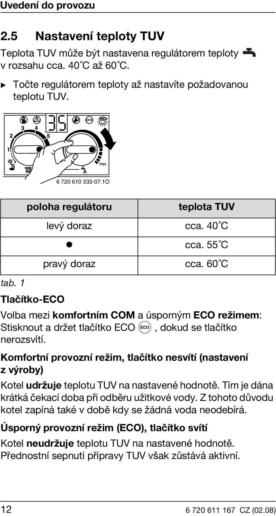 60 C Tlačítko-ECO Volba mezi komfortním COM a úsporným ECO režimem: Stisknout a držet tlačítko ECO, dokud se tlačítko nerozsvítí.