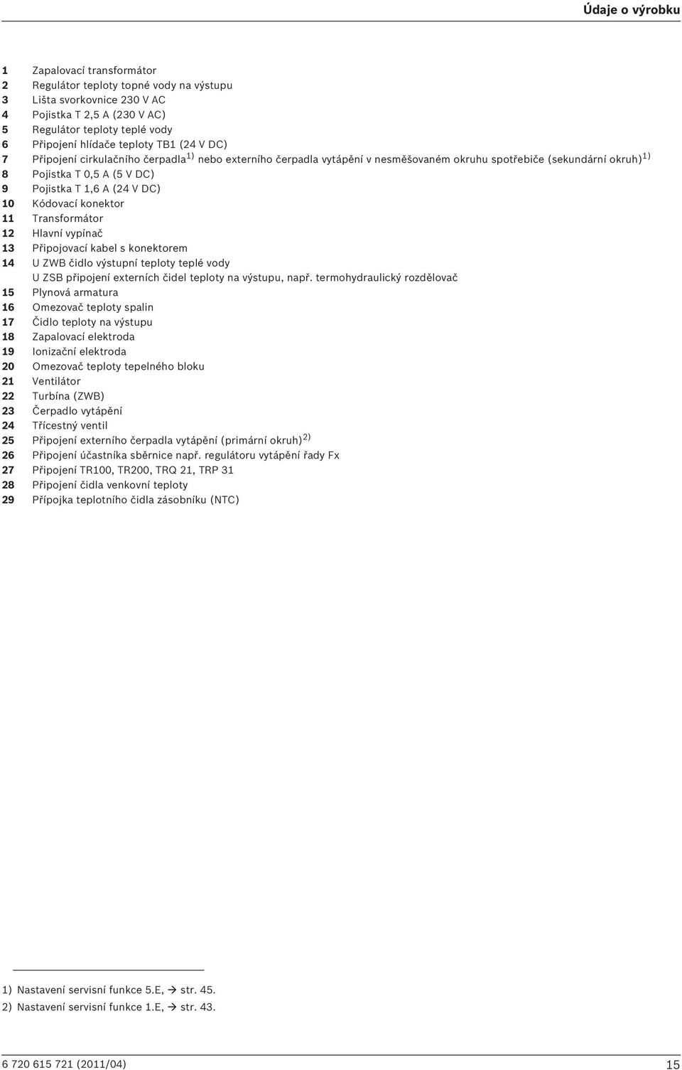 DC) 10 Kódovací konektor 11 Transformátor 12 Hlavní vypínač 13 Připojovací kabel s konektorem 14 U ZWB čidlo výstupní teploty teplé vody U ZSB připojení externích čidel teploty na výstupu, např.