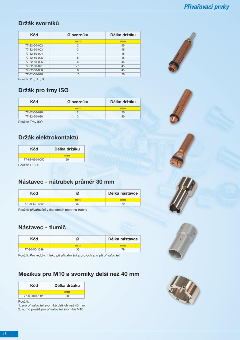 DFL Nástavec - nátrubek průměr 30 mm Kód Ø Délka nástavce mm mm 77-90-50-1012 30 79 Použití: přivařování v šablonách nebo na trubky Nástavec - tlumič Kód Ø Délka nástavce mm mm 77-90-50-1036 35 79
