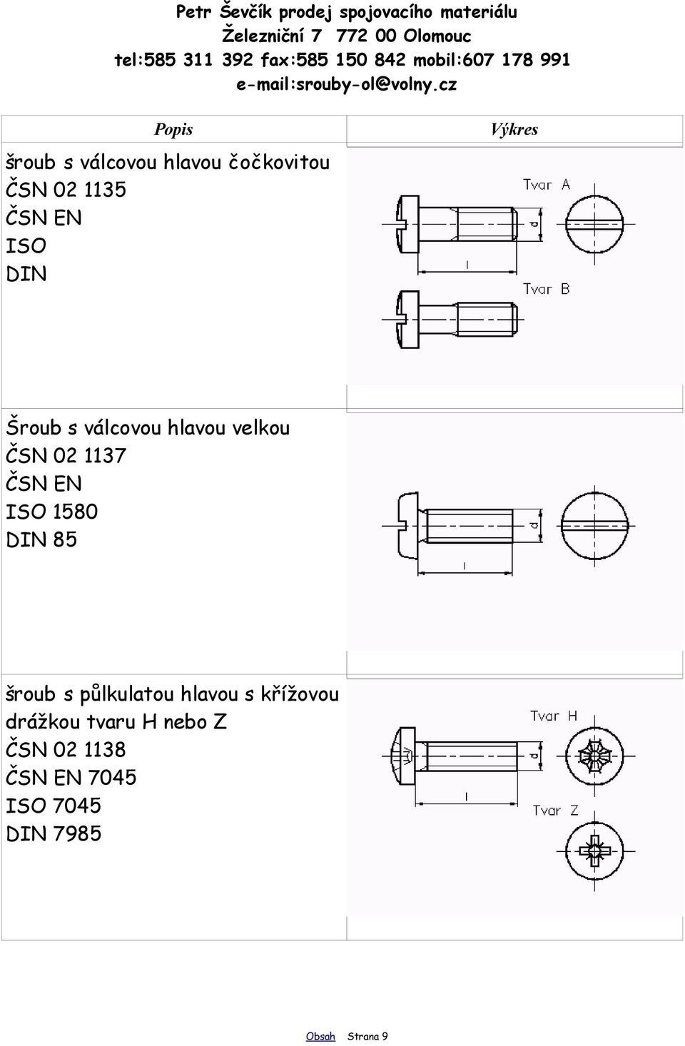 85 šroub s půlkulatou hlavou s křížovou drážkou