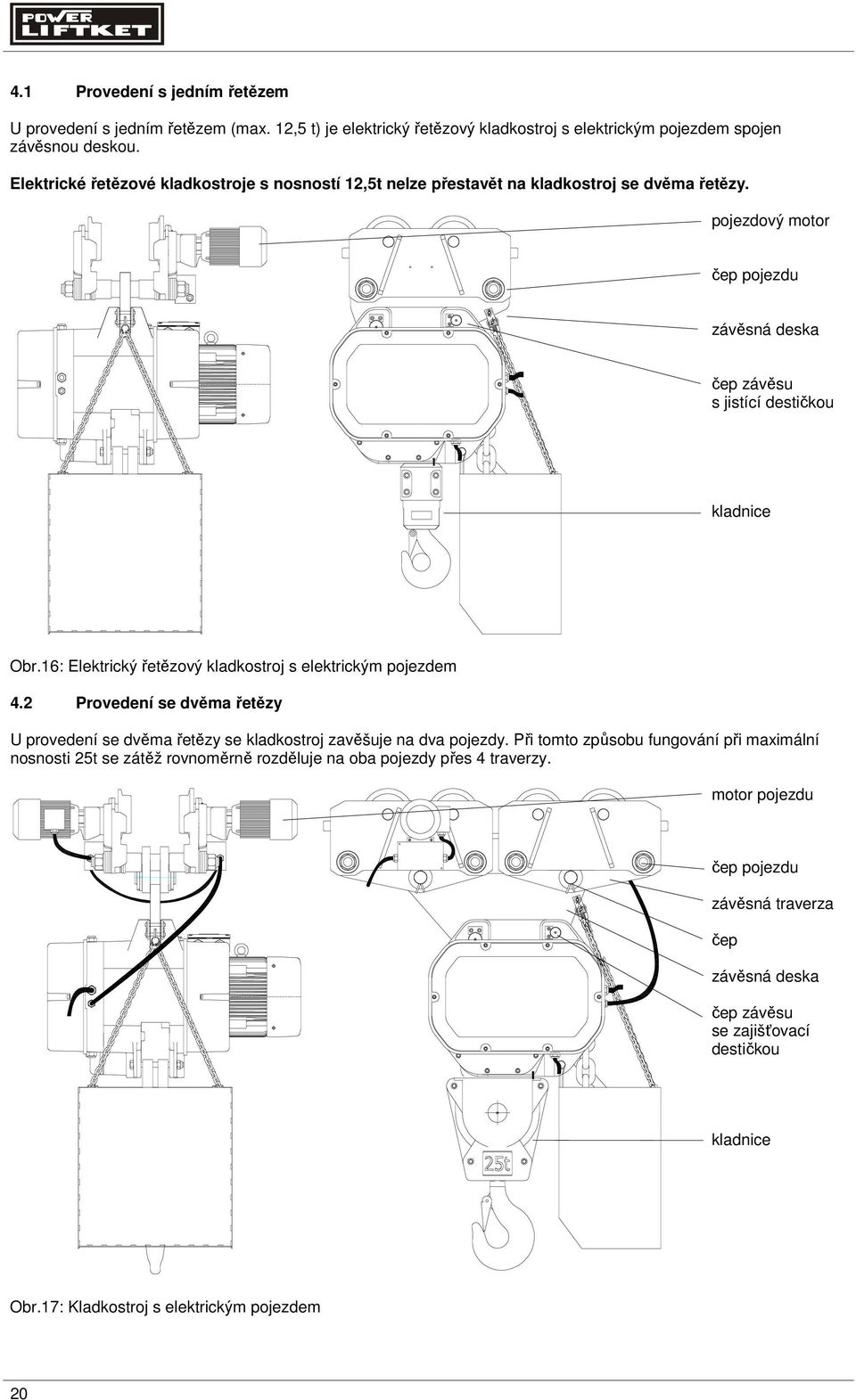 16: Elektrický řetězový kladkostroj s elektrickým pojezdem 4.2 Provedení se dvěma řetězy U provedení se dvěma řetězy se kladkostroj zavěšuje na dva pojezdy.