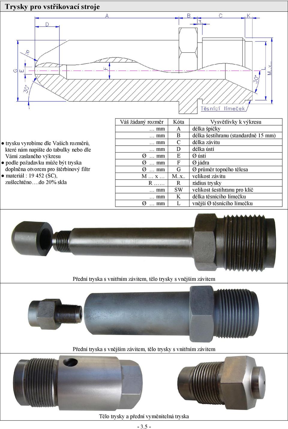do 20% skla Váš žádaný rozměr Kóta Vysvětlivky k výkresu mm A délka špičky mm B délka šestihranu (standardně 15 mm) mm C délka závitu mm D délka ústí Ø mm E Ø ústí Ø mm F Ø jádra Ø mm G Ø