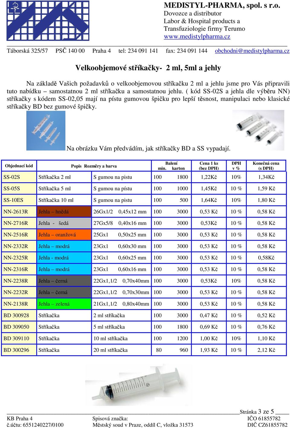 Na obrázku Vám předvádím, jak stříkačky BD a SS vypadají. Objednací kód Popis Rozměry a barva Balení min.