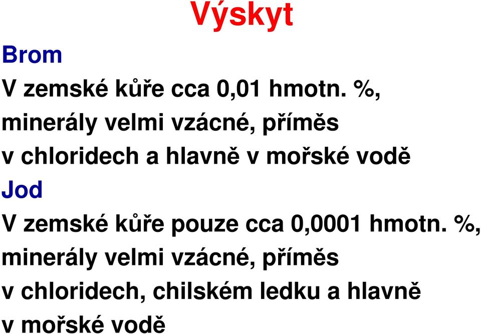 mořské vodě Jod V zemské kůře pouze cca 0,0001 hmotn.