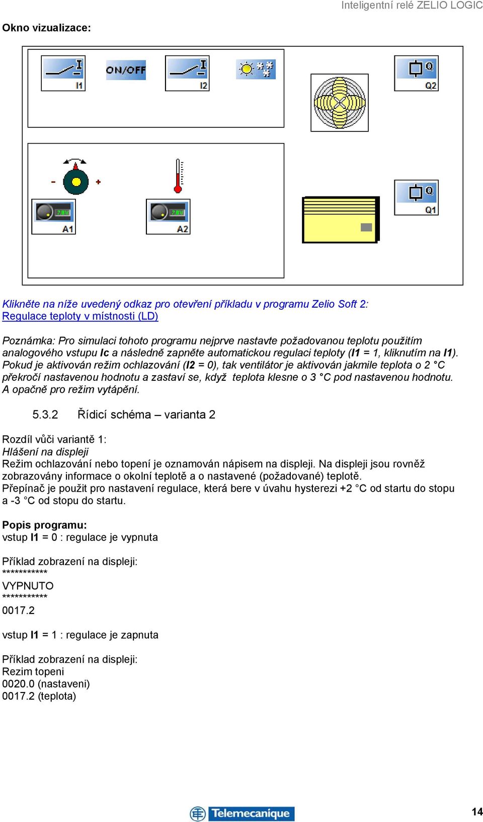 Pokud je aktivován režim ochlazování (I2 = 0), tak ventilátor je aktivován jakmile teplota o 2 C překročí nastavenou hodnotu a zastaví se, když teplota klesne o 3 C pod nastavenou hodnotu.