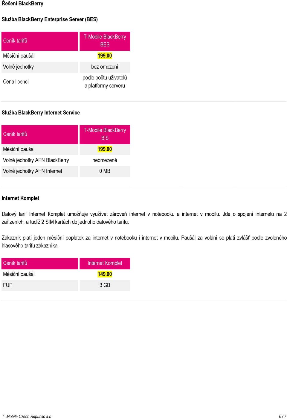 00 Volné jednotky APN BlackBerry Volné jednotky APN Internet neomezeně 0 MB Internet Komplet Datový tarif Internet Komplet umožňuje využívat zároveň internet v notebooku a internet v mobilu.