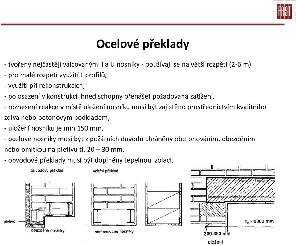 nosníku musí být zajištěno prostřednictvím kvalitního zdiva nebo betonovým podkladem, - uložení nosníku je min.