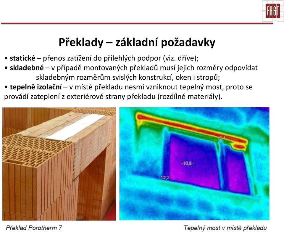 rozměrům svislých konstrukcí, oken i stropů; tepelně izolační v místě překladu nesmí