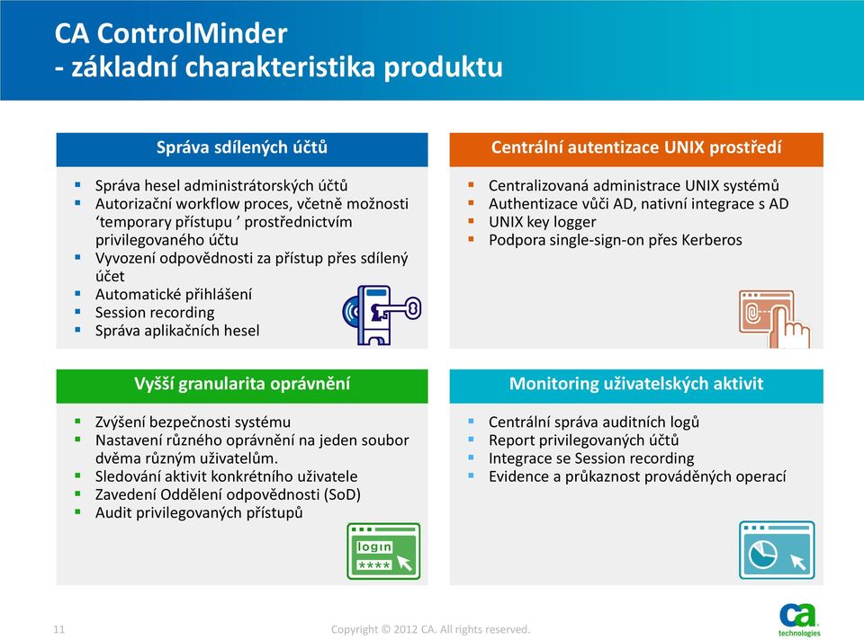 administrace UNIX systémů Authentizace vůči AD, nativní integrace s AD UNIX key logger Podpora single-sign-on přes Kerberos Vyšší granularita oprávnění Zvýšení bezpečnosti systému Nastavení různého