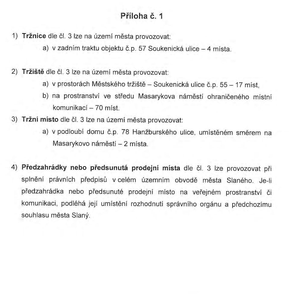 3) Tržní místo dle čl. 3 lze na území města provozovat: a) v podloubí domu č. p. 78 Hanžburského ulice, umístěném směrem na Masarykovo náměstí- 2 místa.
